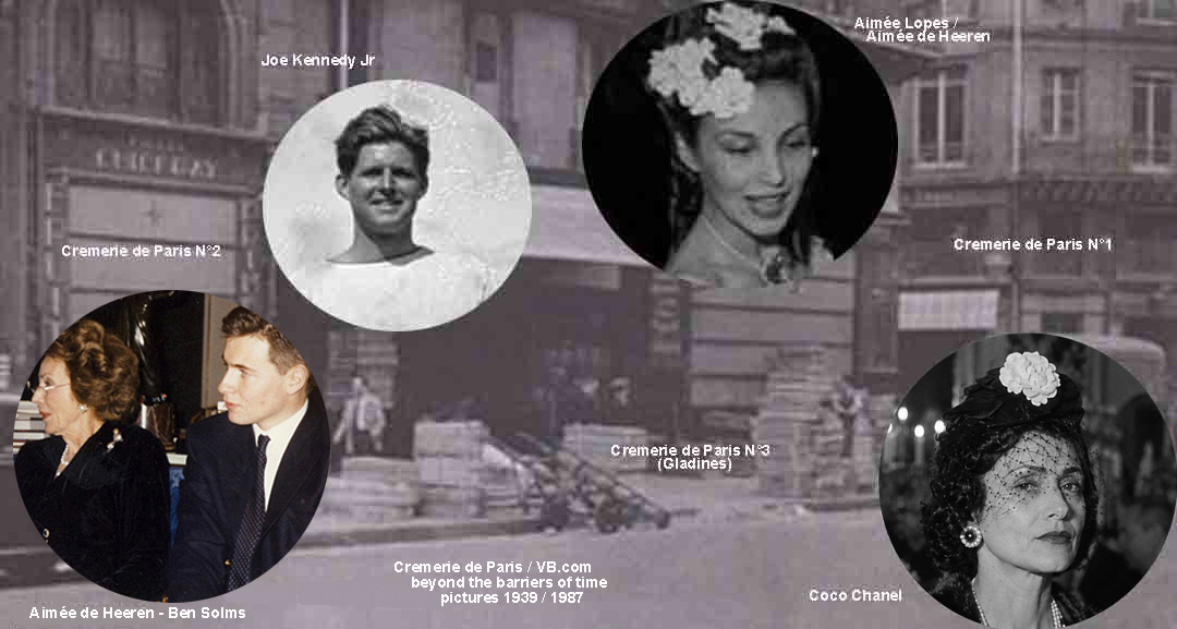 1938 Coco Chanel meets the Brazilian Secret Service Agent Aimée de Heeren, Aimée and Joe Kennedy Jr become WW2 activits. Half a century later the same Aimée become the link between Chanel, Kennedy and today's Cremerie de Paris - picture background Cremerie de Paris N°2, N°3, N°1 in 1038 Cremerie de Paris